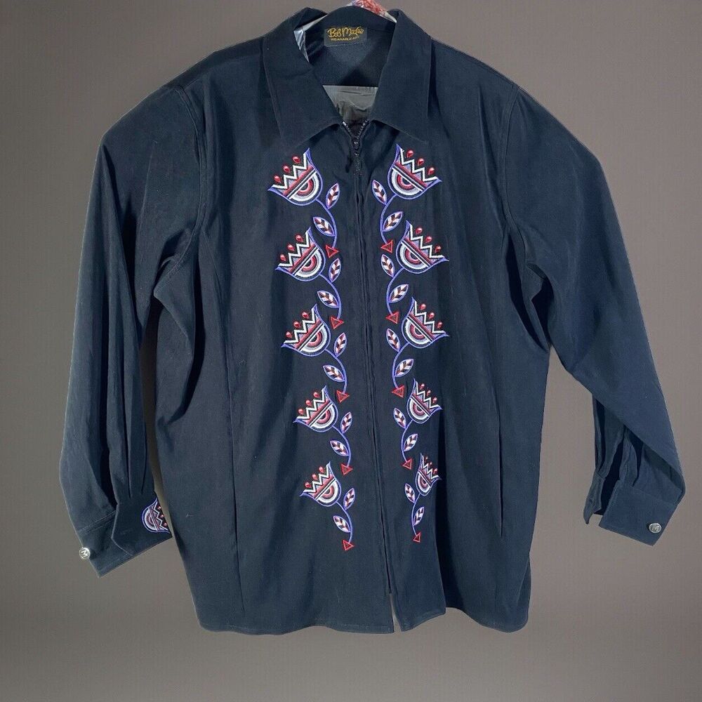 Bob Mackie Wearable Art Velour Floral Jacket 2X Black Velvet Embroidered Zip